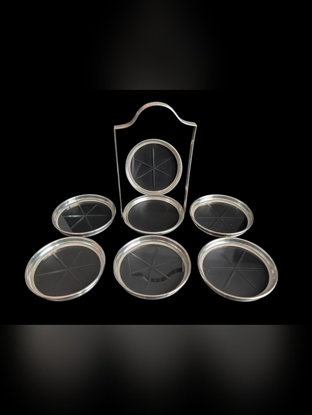 Vintage Birks Sterling Silver & Cut Glass Coaster Set of 6 with Caddy Stand